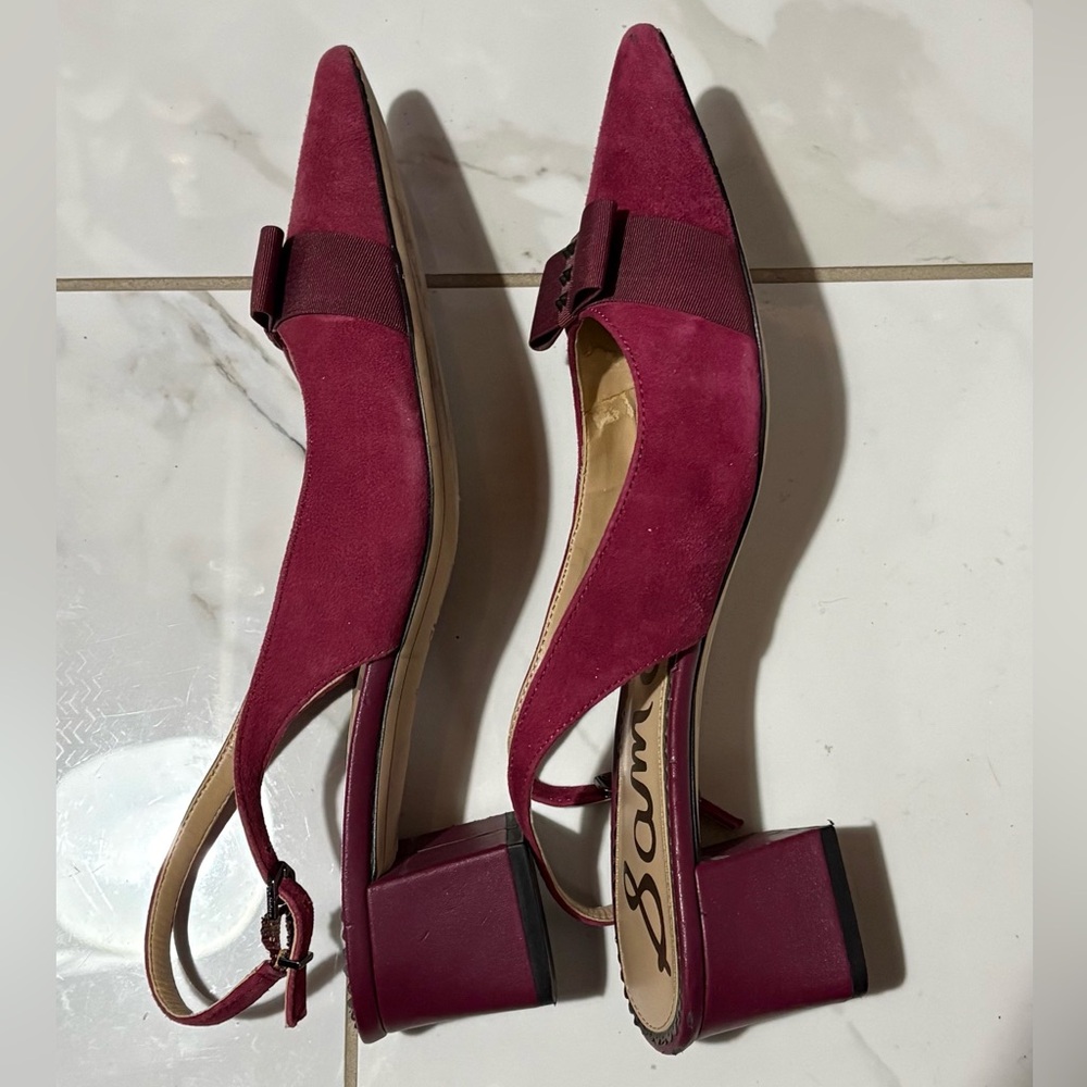 Sam Edelman Burgundy Suede Slingback Heels with Grosgrain Bow Details - Picture 3 of 4
